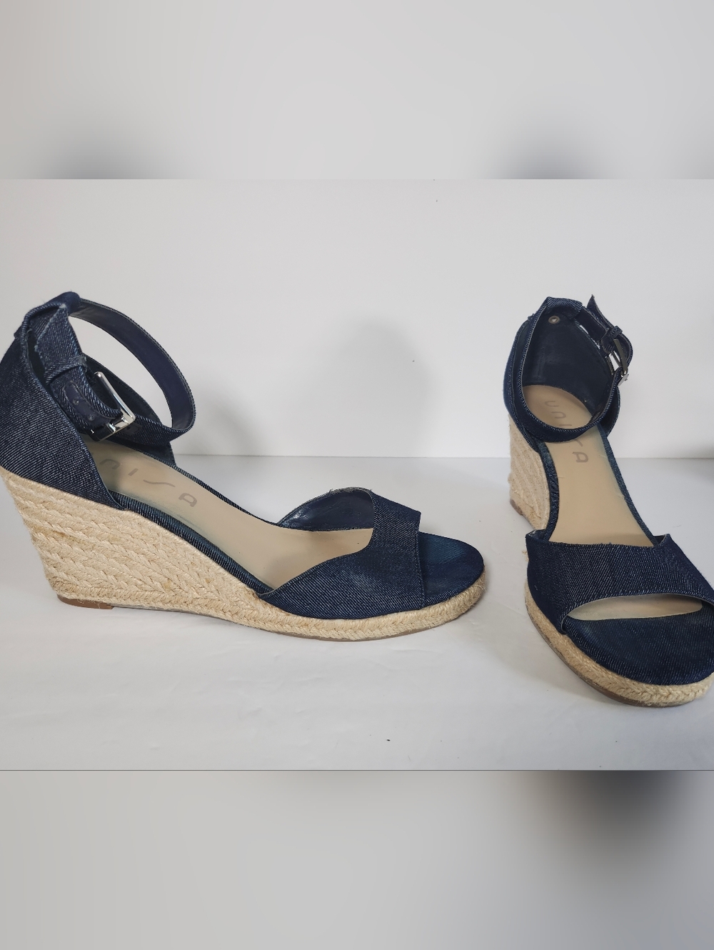 Unisa Denim Blue Espadrille High Wedge Ankle Strap Peep Toe Sandals Shoes S 9.5M